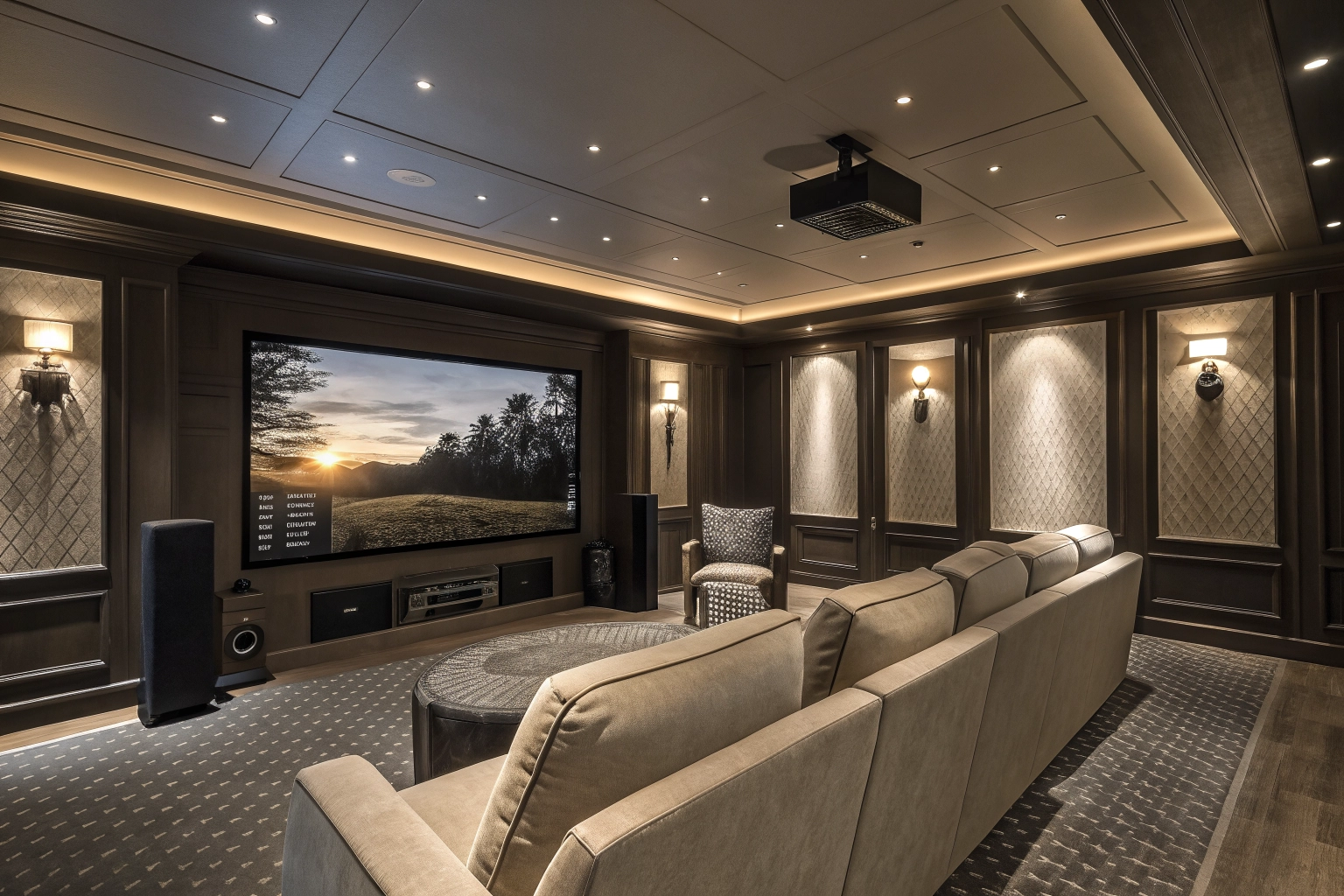 Luxury home theater layout with premium seating and professional acoustic wall details